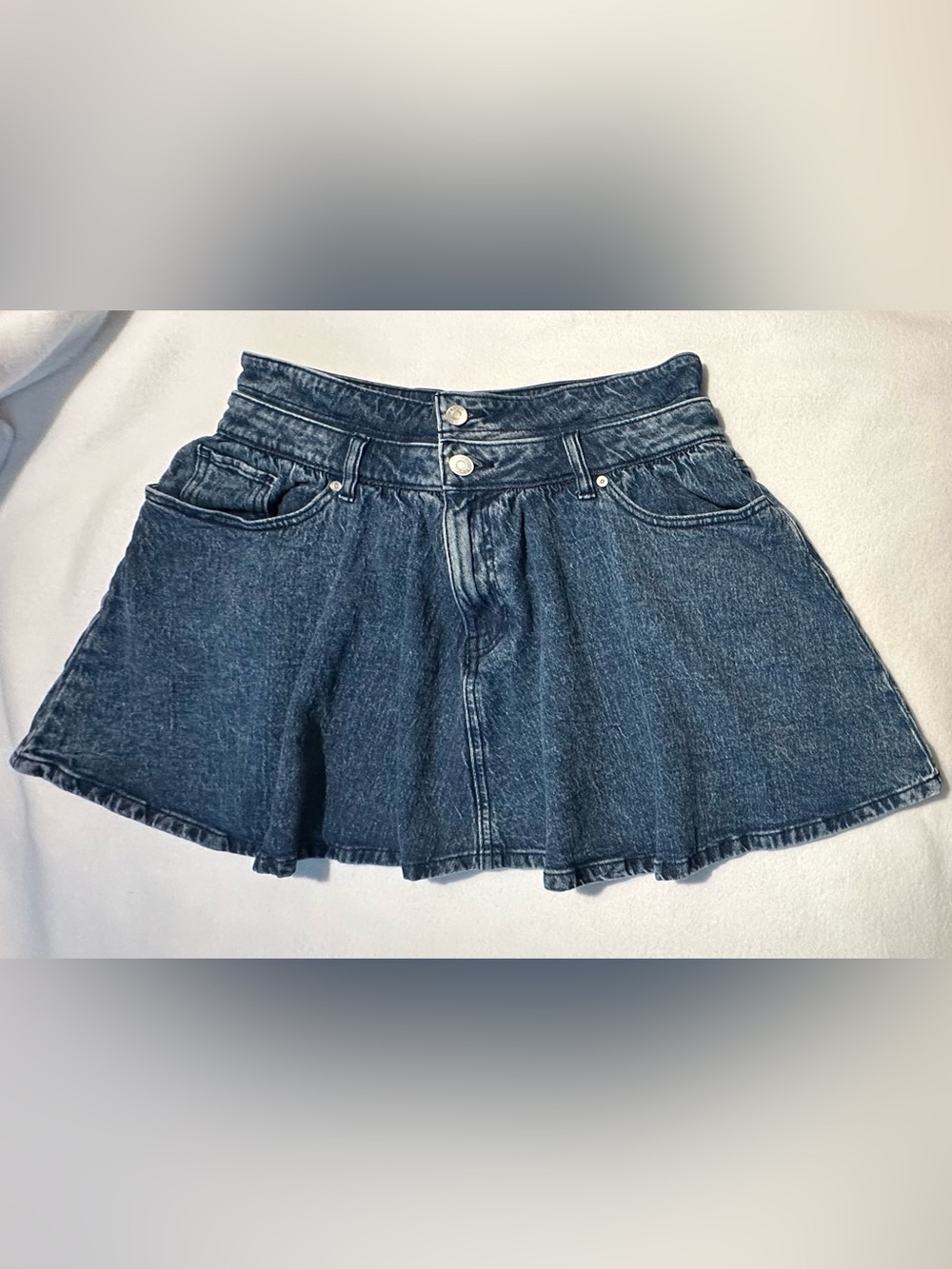 Scoop A-Line Flare Denim Mini Skirt Double Button Zip Front Low Rise Dark Blue-M